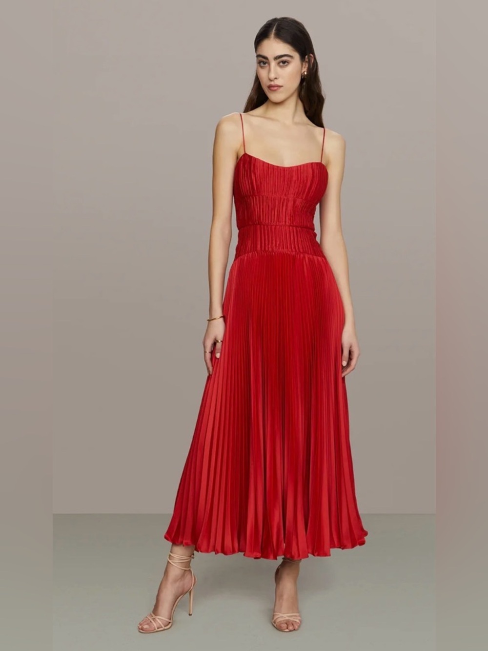 Amur RED CALLA LILY CHERRY DROP WAIST Pleated Spaghetti-Strap dress size 14. - Picture 5 of 13